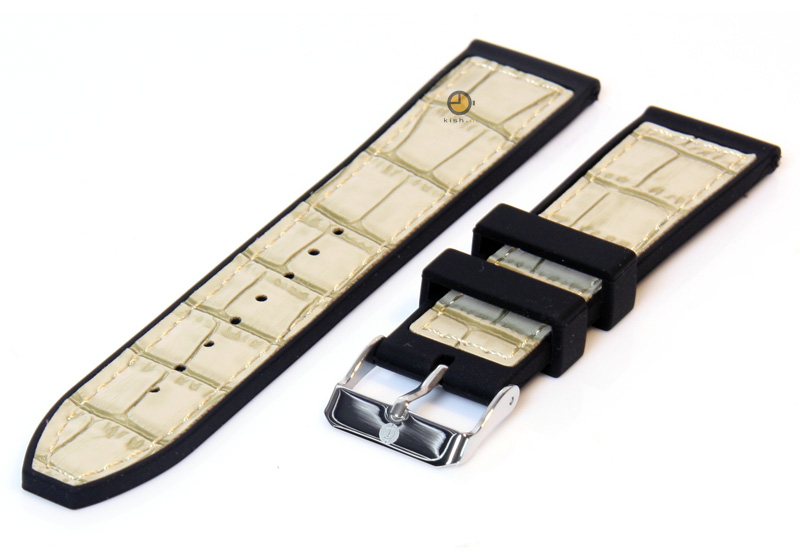 Horlogeband 22mm zwart-beige siliconen met croco