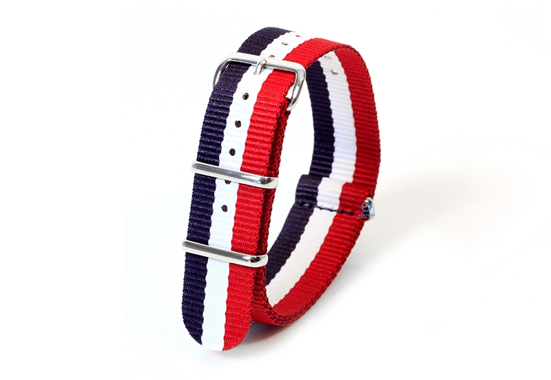 Horlogeband nylon 20mm blauw/wit/rood