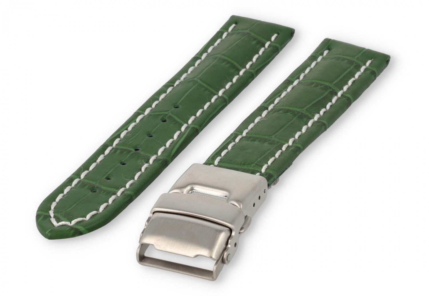 Horlogeband met vouwsluiting 18mm groen leer met wit stiksel