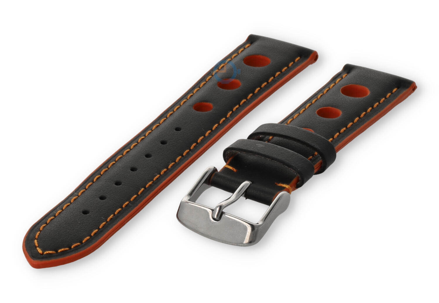 Rally horlogeband van leer - 18mm - zwart met oranje stiksel