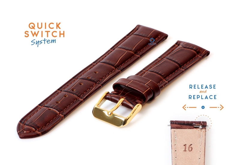 Quick Switch horlogeband 16mm bruin leer - gouden gesp