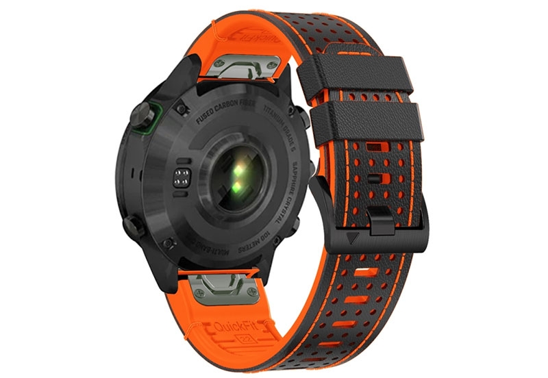 Premium 26mm bandje - leer/siliconen - zwart/oranje
