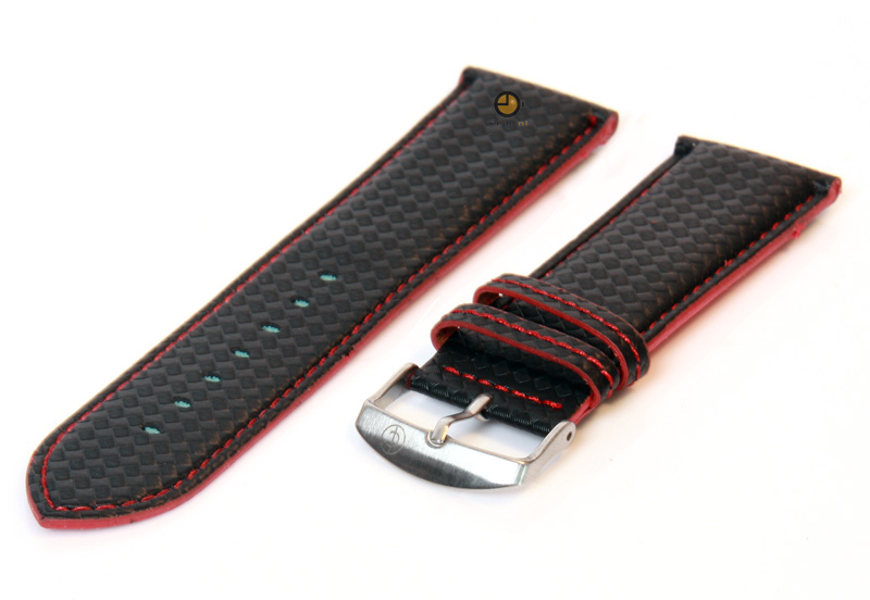 Horlogeband 24mm zwart-rood waterproof leer