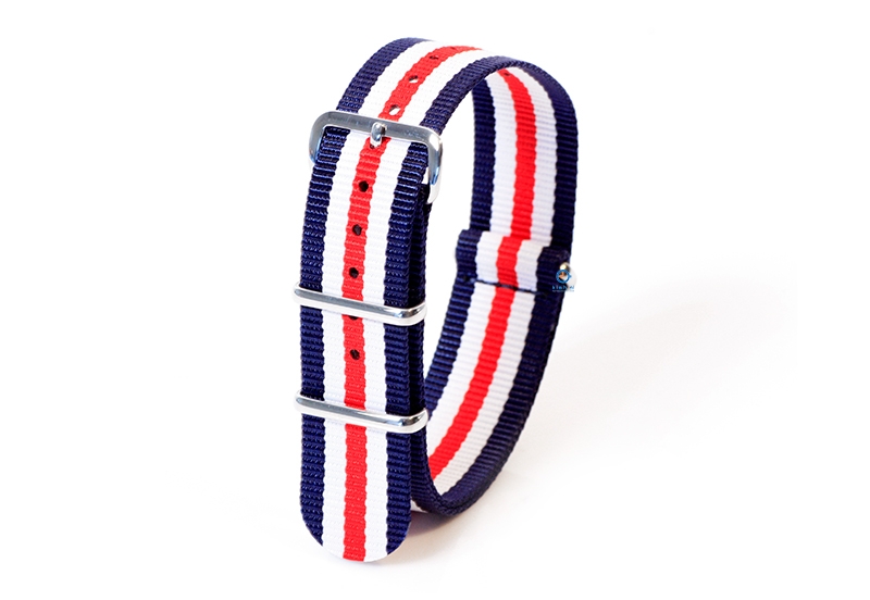 Horlogeband nylon 20mm blauw/wit/rood
