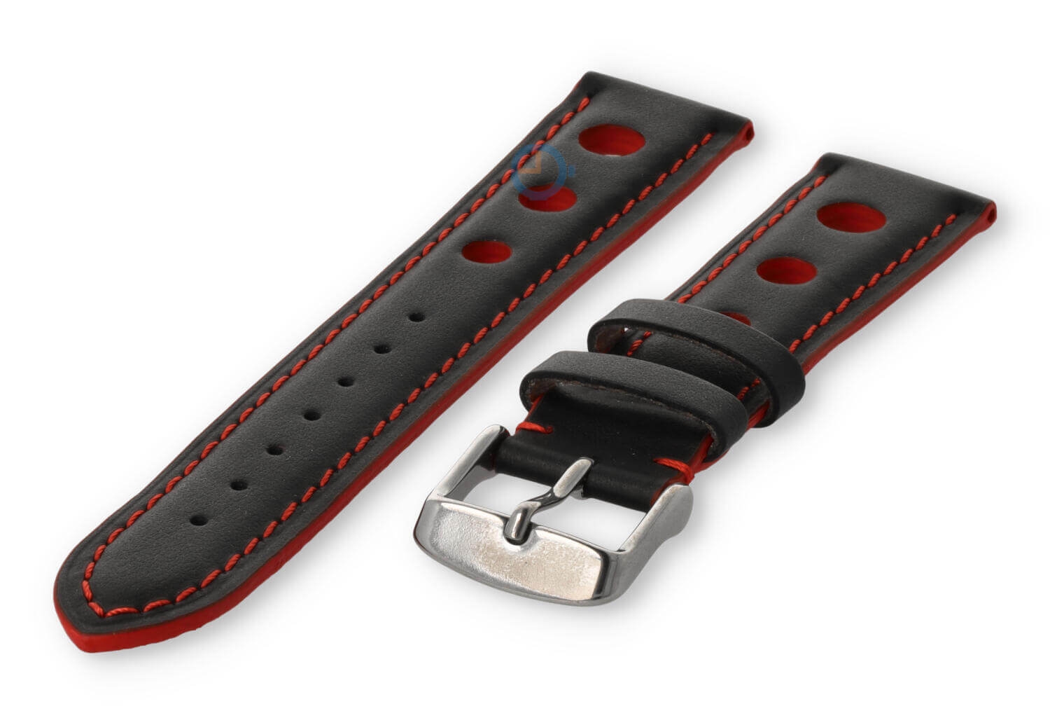 Rally horlogeband van leer - 20mm - zwart met rood stiksel