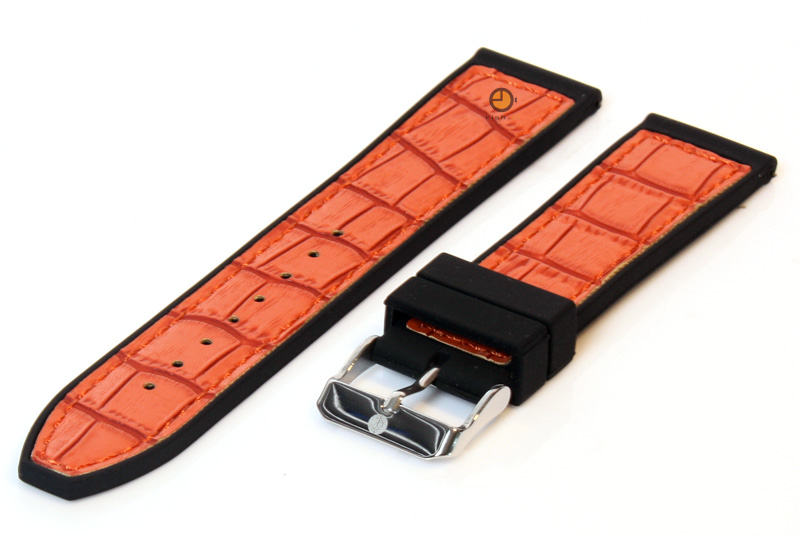 Horlogeband 22mm zwart-oranje siliconen met croco