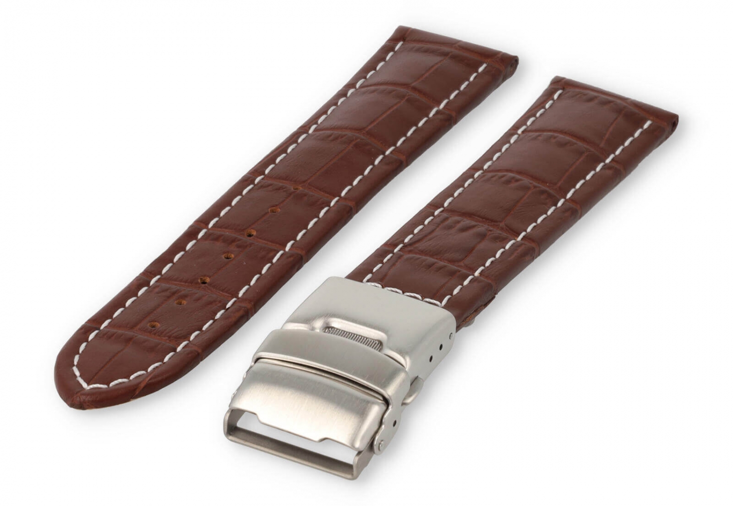 Horlogeband met vouwsluiting 24mm lichtbruin leer met wit stiksel