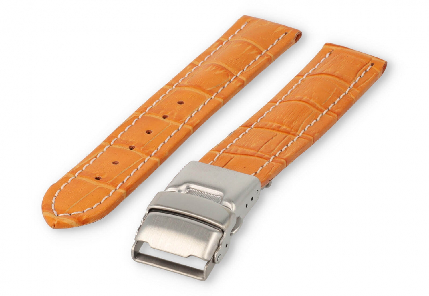 Horlogeband met vouwsluiting 18mm oranje leer met wit stiksel