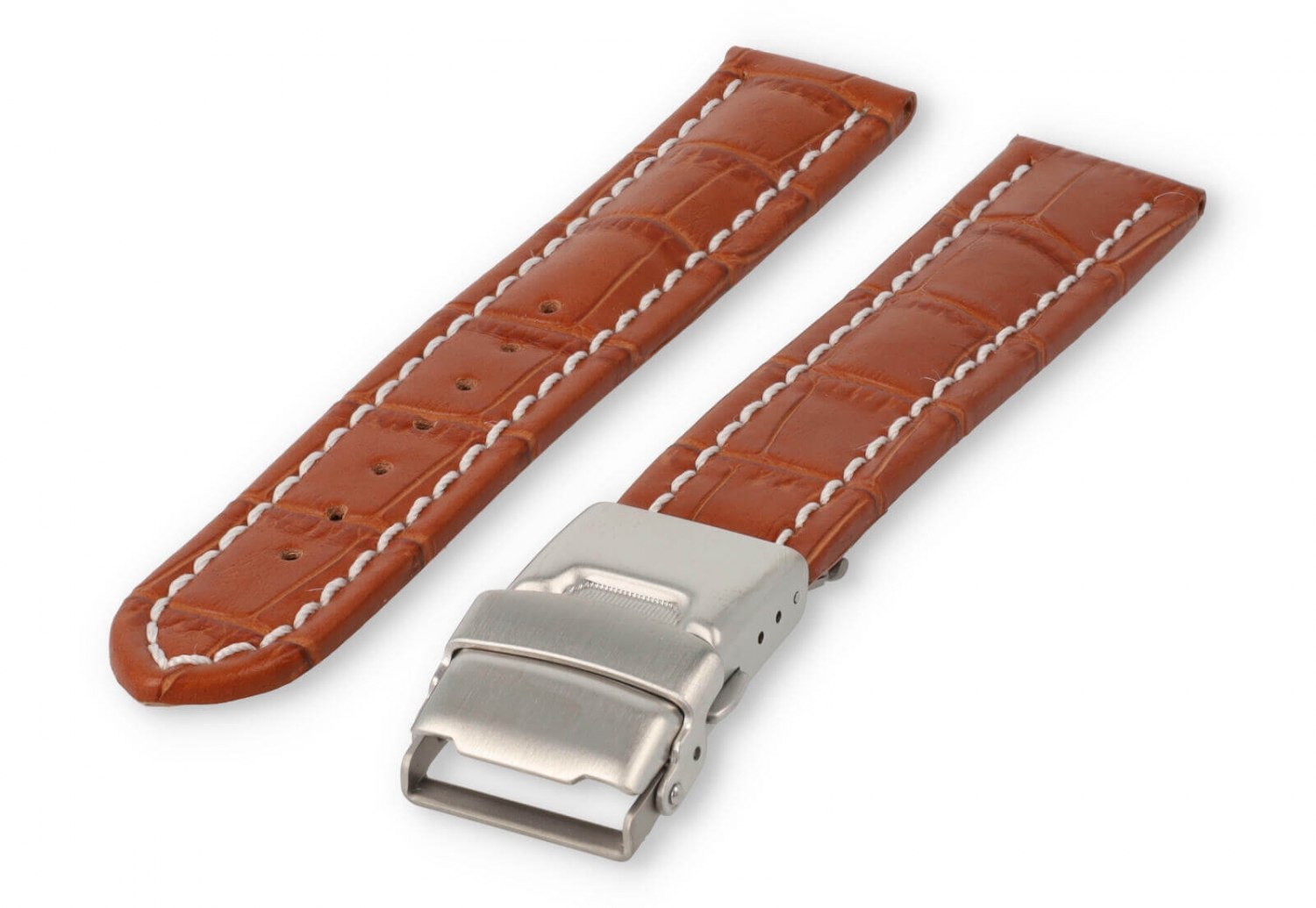 Horlogeband met vouwsluiting 18mm lichtbruin leer met wit stiksel