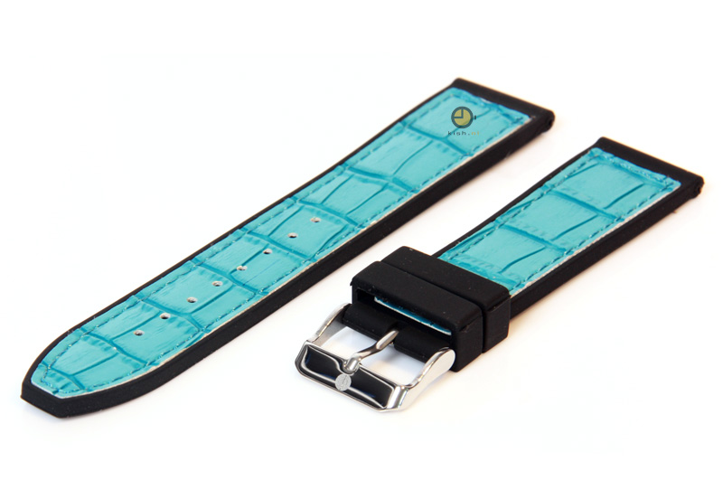 Horlogeband 22mm zwart-blauw siliconen met croco