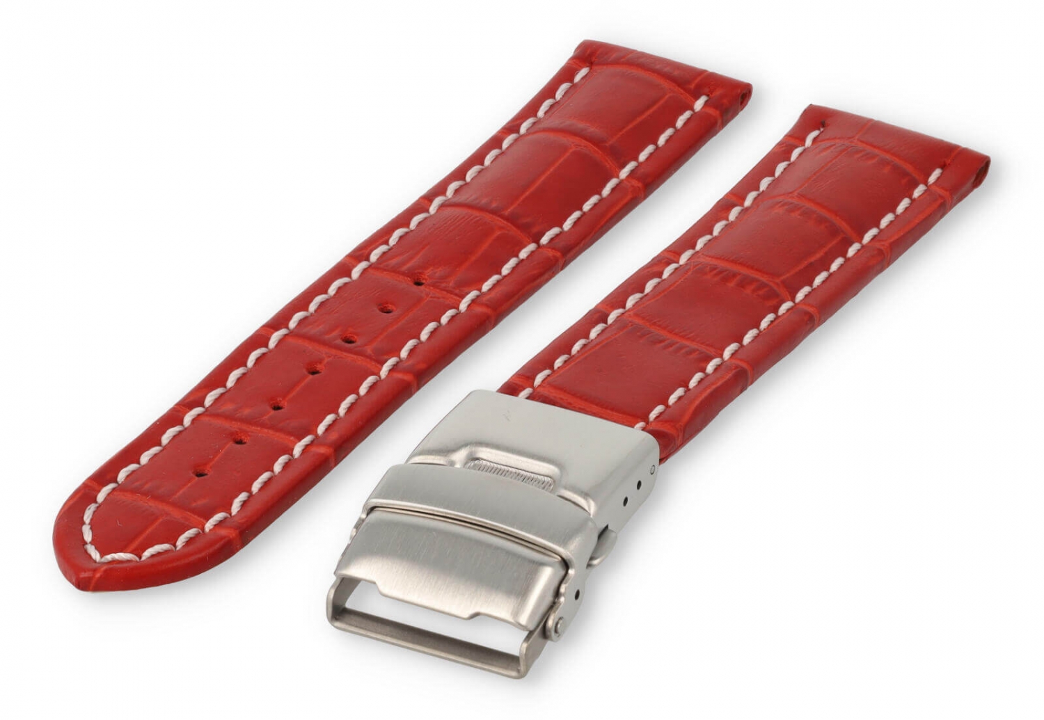 Horlogeband met vouwsluiting 22mm oranje leer met wit stiksel