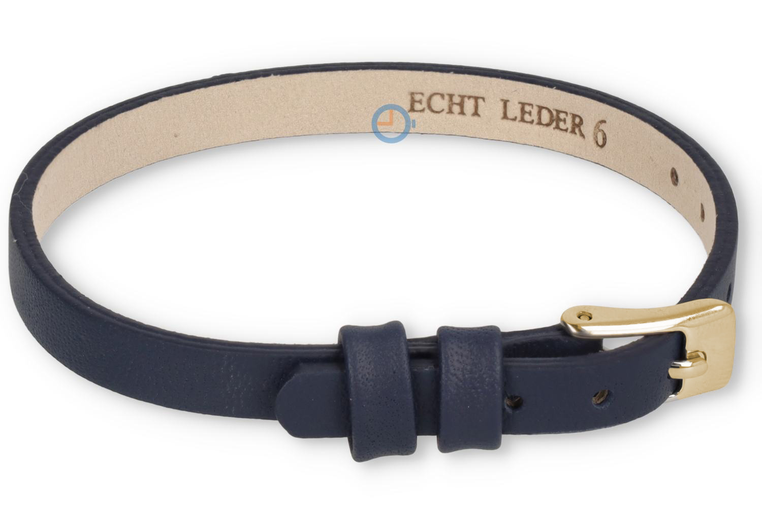One-piece leren horlogeband - 6mm - donkerblauw met goud