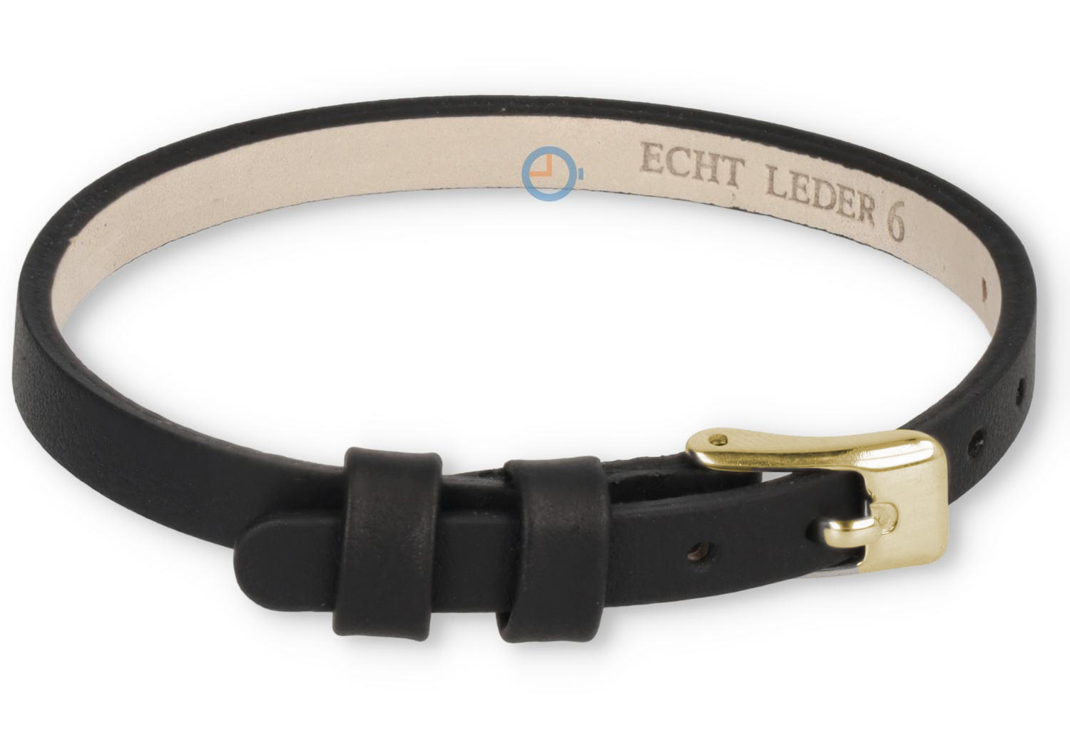 One-piece leren horlogeband - 6mm - zwart met goud