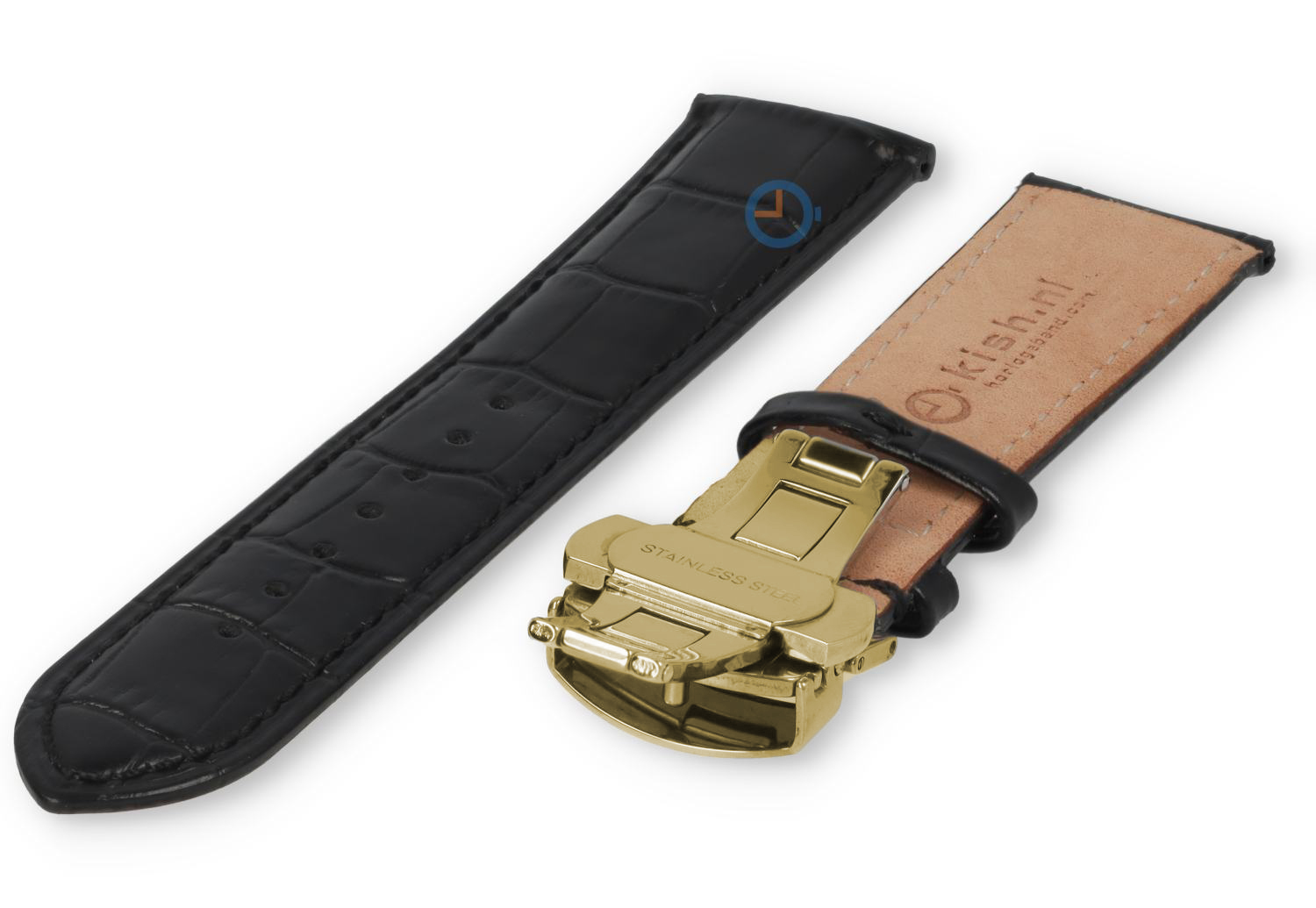 Luxe Festina horlogeband zwart leer - vlindersluiting (goud) - 22mm