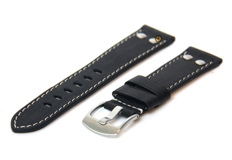 Horlogeband 22mm leer vintage zwart met staalnieten