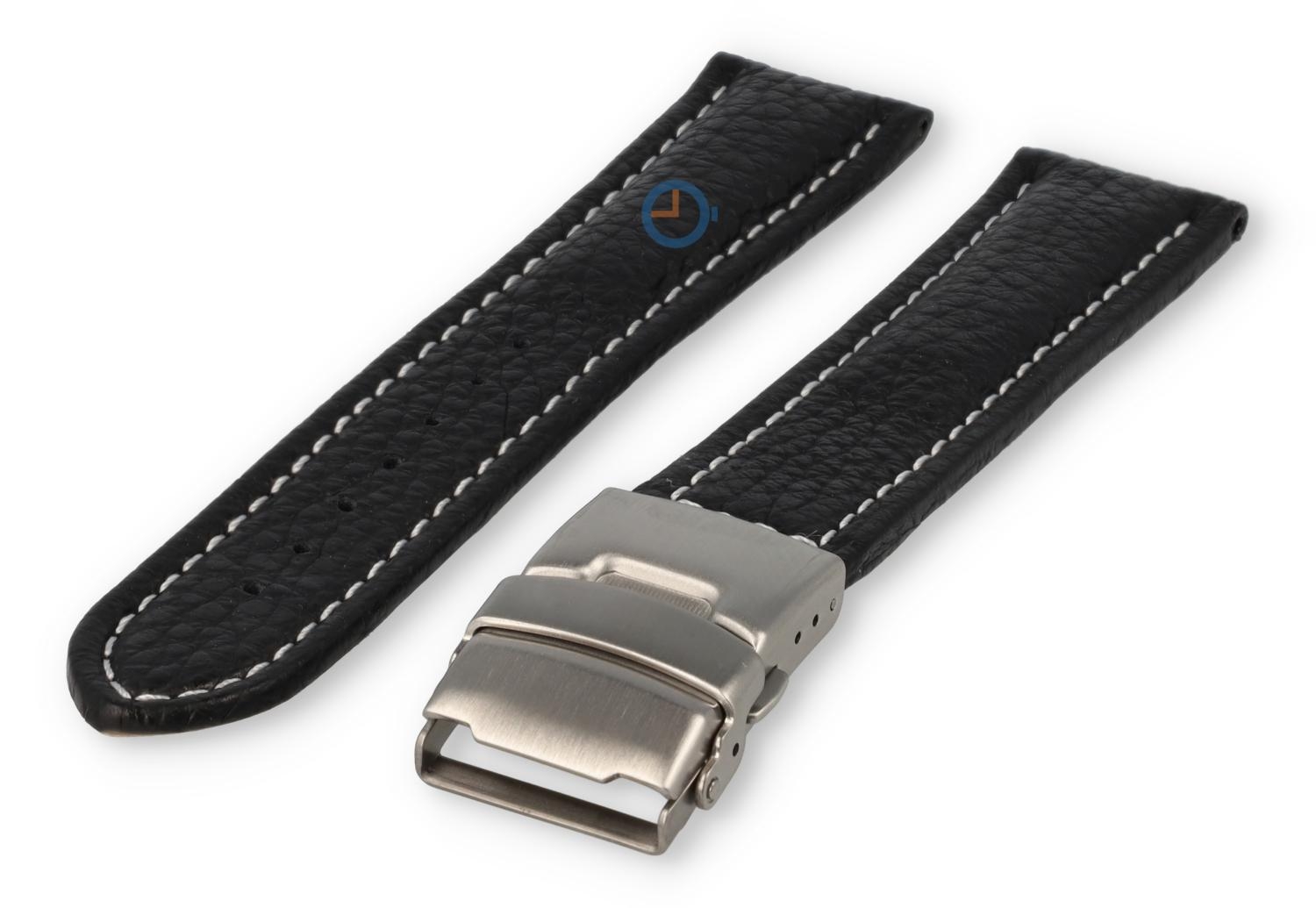 Horlogeband Zwart Leer met Vouwsluiting - 22mm