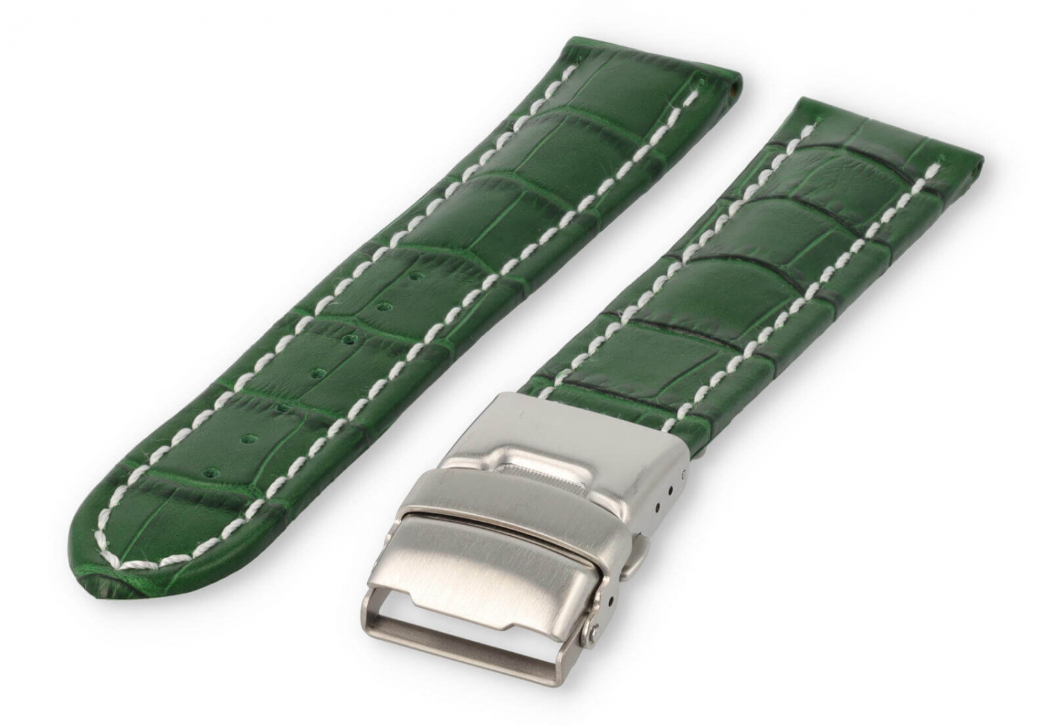 Horlogeband met vouwsluiting 22mm groen leer met wit stiksel