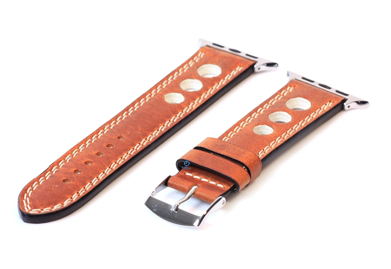 Apple Watch bandje racing bruin met beige stiksel - 44/45/46/49mm