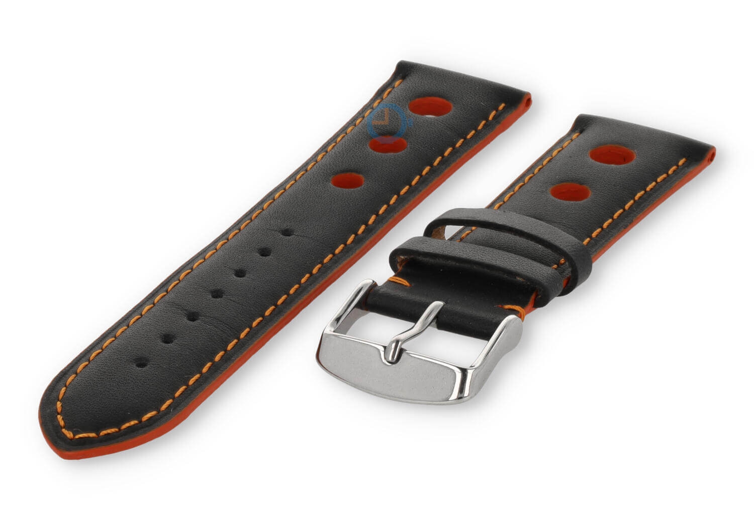 Rally horlogeband van leer - 24mm - zwart met oranje stiksel