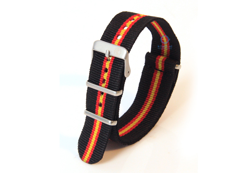 Horlogeband 18mm nylon zwart/rood/geel