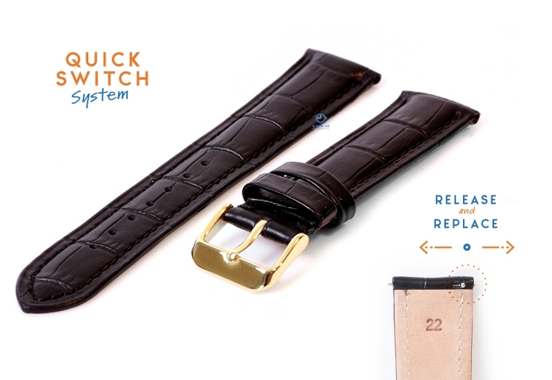 Quick Switch horlogeband 22mm zwart leer - gouden gesp