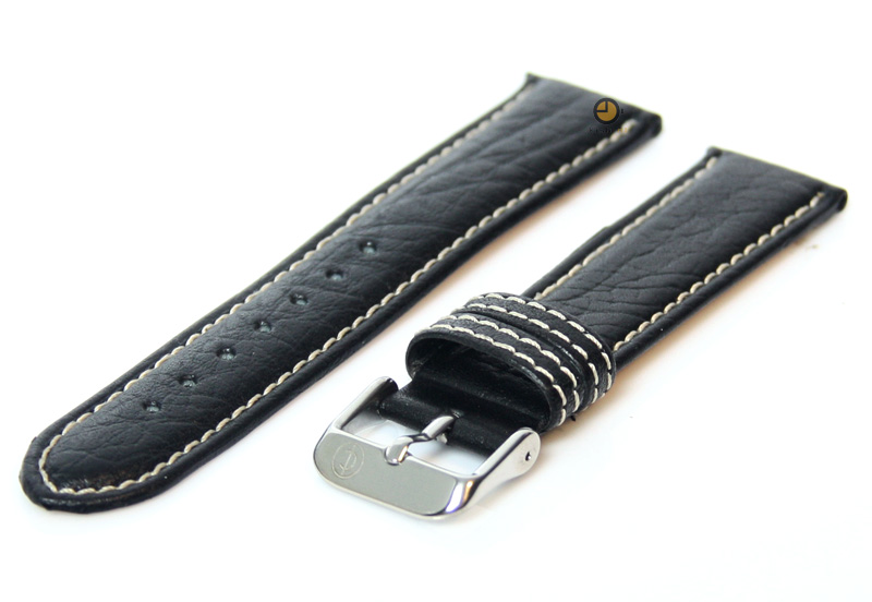 Horlogeband 20mm zwart leer met wit stiksel