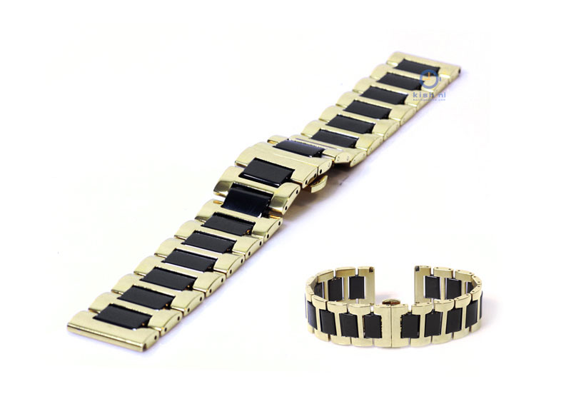 Horlogeband 22mm staal goud/zwart glans