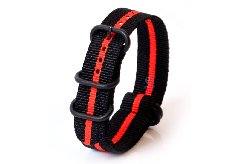 Horlogeband nylon 20mm zwart/rood