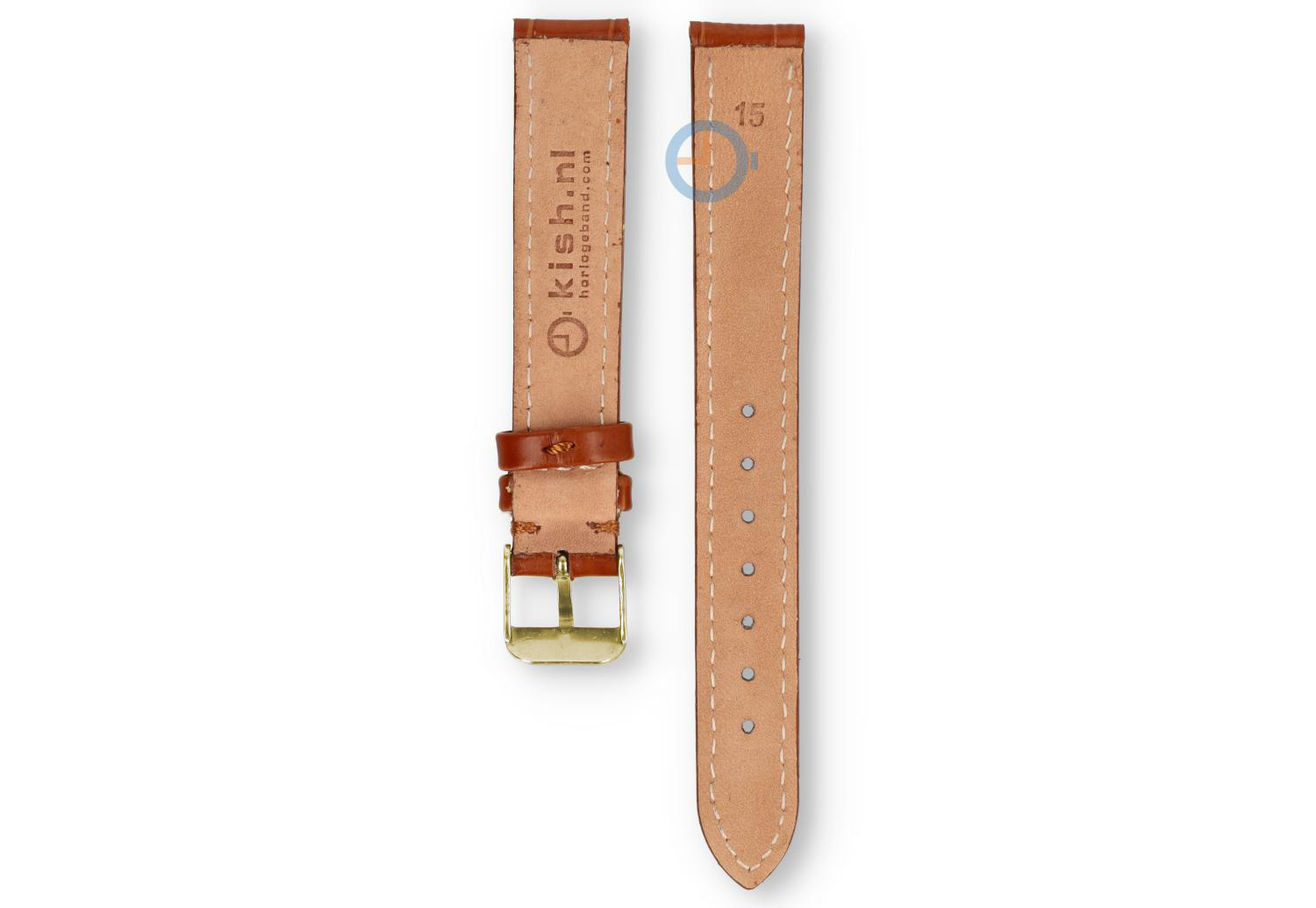 Horlogebandje 15mm - croco leer - cognacbruin - goud