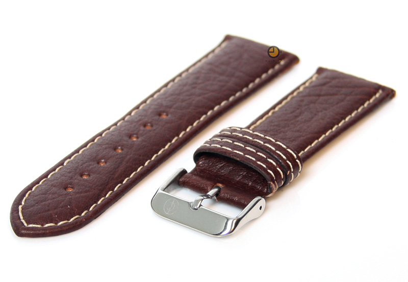 Horlogeband 22mm donkerbruin leer met wit stiksel