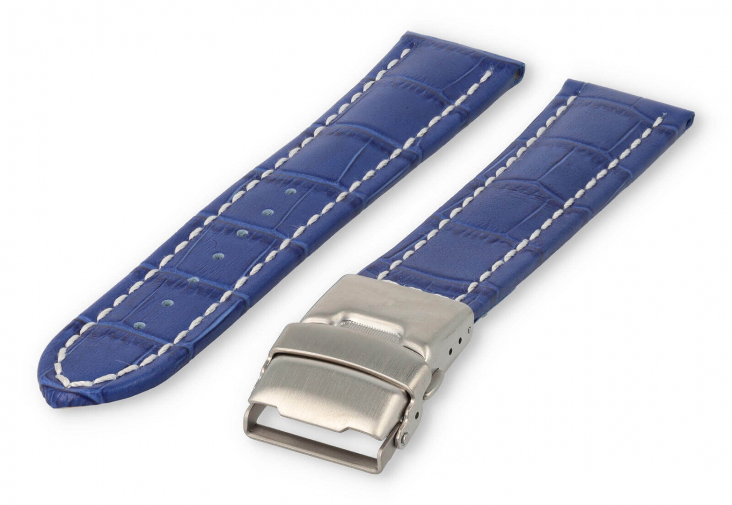 Horlogeband met vouwsluiting 24mm koningsblauw leer met wit stiksel
