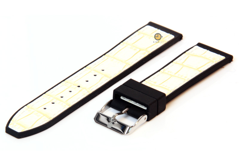 Horlogeband 22mm zwart-creme siliconen met croco