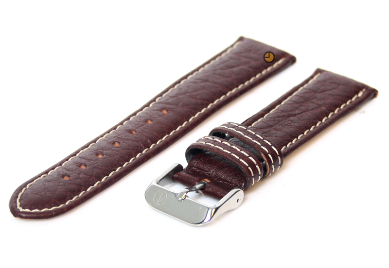Horlogeband 20mm donkerbruin leer met wit stiksel